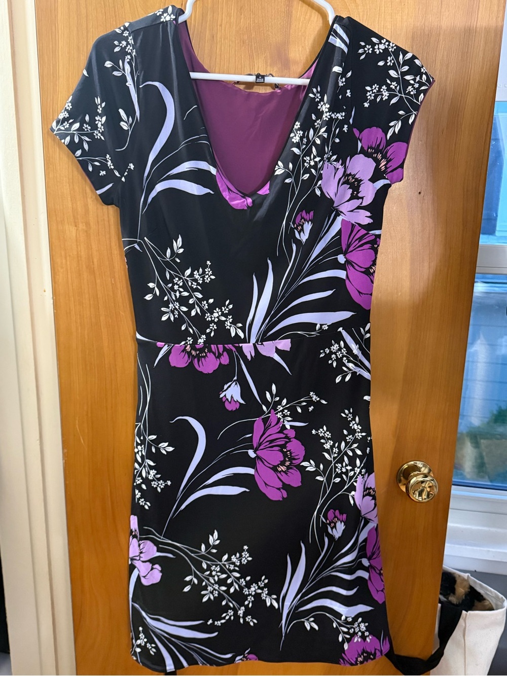 White House Black Market Black Dress with Purple Floral Print - Picture 4 of 9